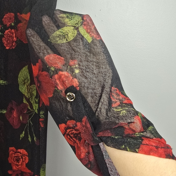 EMBER Mid Length Sheer Duster Kimono 3/4 Sleeves Floral Red Black Womens Size M - Picture 4 of 14